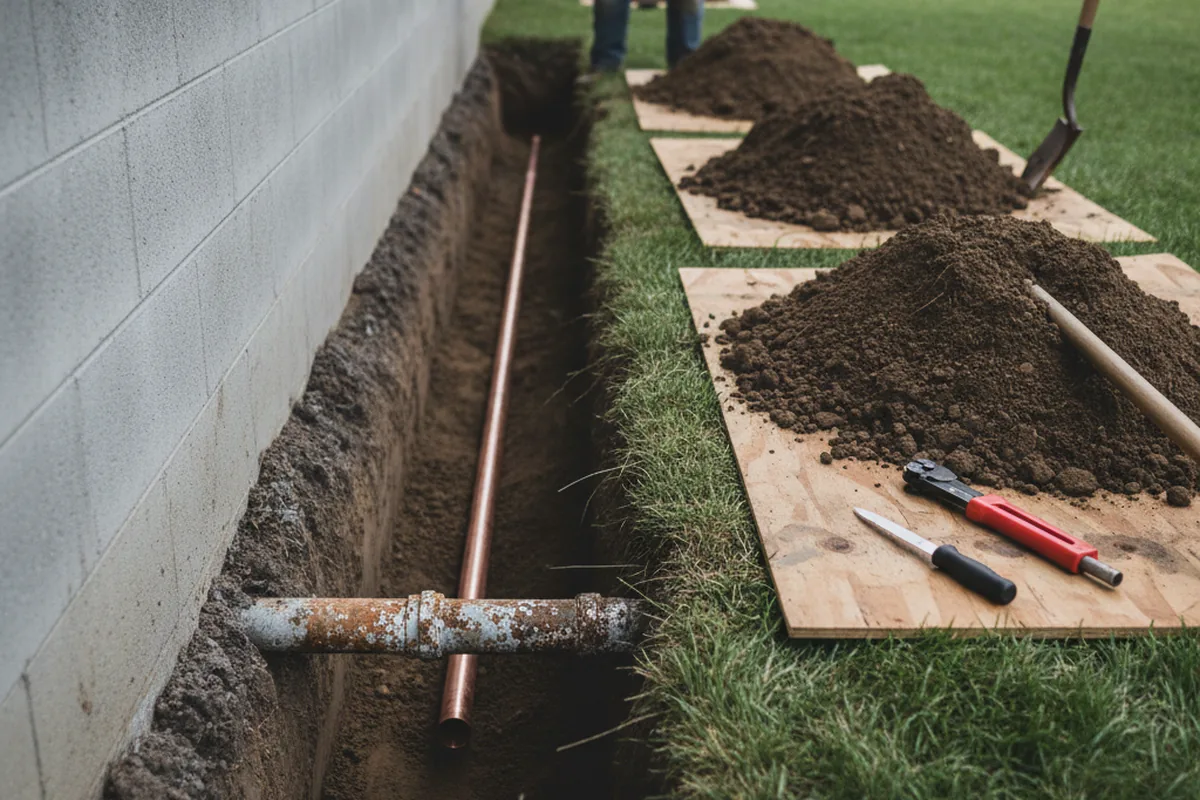 Excavated water line trench during Sewer Line Repair in Kaibeto